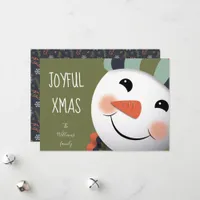 Joyful Xmas Happy Snowman illustration green  Holiday Card