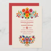 Creamy Linen & Fiesta Red Folk Art Fiesta Wedding Invitation