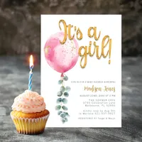 It’s a Girl Pink Balloon Baby Shower & Gold Script Invitation