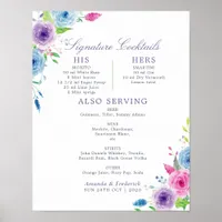 Watercolor Floral Wedding Signature Cocktails Menu Poster