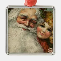 Vintage Santa and Child Metal Ornament