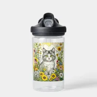 Gray and White Kitty Cat Sitting in Flowers Water Bottle