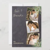 Love & Thanks Rustic 3 Photo Gold Greenery Wedding Thank You Card