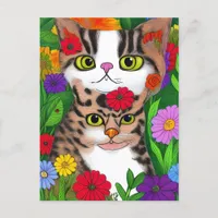 Whimsical Folk Art Cat and Flowers Postcard