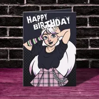 Cute Teen Punk Girl Black Cartoon Birthday Card