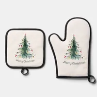 Minimalist Watercolor Christmas Tree Oven Mitt & Pot Holder Set