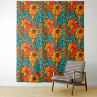 Boho Flowers Blue and Orange  Tapestry