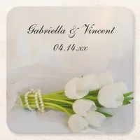 White Tulip Bouquet Wedding Square Paper Coaster