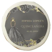 Elegant Black Gold Floral Princess Quinceanera  Sugar Cookie