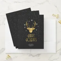 Deer Antlers Silhouette & Snowflakes Gold/Bl ID861 Pocket Folder