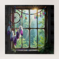 Pretty Boho Purple Dreamcatcher in Window   Jigsaw Puzzle