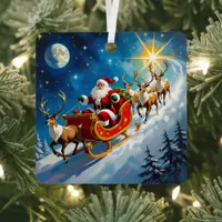 Watercolor Santa on Sleigh Christmas Personalized Metal Ornament