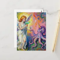 angel with margaritas and octopus unicorn fantasy postcard