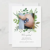 Watercolor Woodland Greenery Photo Pregnancy Announcement