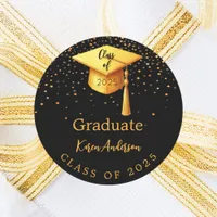 Graduation party graduate black gold cap 2025 classic round sticker