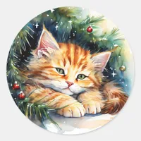 Christmas Kitten Napping under the Tree Classic Round Sticker