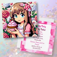 Pixel Art Girl's Pink Birthday Party Invitation