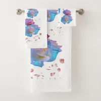 Water Droplets on Pink & Blue Roses on White | Bath Towel Set