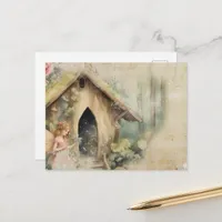 Fairy and Her Garden House Vintage Watercolor Postcard