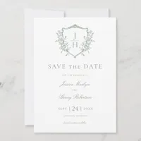 Sage Green Regency Floral Crest Monogram Wedding  Save The Date