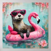 Otter Floating on a Pink Flamingo Funny Collage Poster