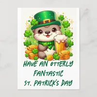 Adorable St. Patricks Day Otter With Beer and Gold Postcard