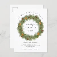 Christmas Wedding Pine Cones Orange Save the Date Announcement Postcard