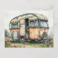 Quirky Weathered Caravan Camper Watercolor Style  Postcard