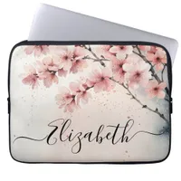 Watercolor Cherry Blossom Floral Girly Script Name Laptop Sleeve