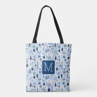 Blue, White, Yellow Plants Color Block Monogram Tote Bag