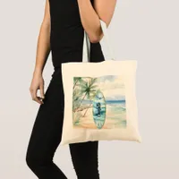 Surboard beach palm trees name tote bag