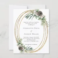 Cone pine greenery gold frame wedding invitation