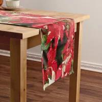 Festive Red White Floral Poinsettia Flowers Short Table Runner