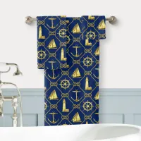 Bathroom Nautical Decor Gold Navy Blue Rope Anchor Bath Towel Set