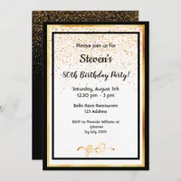 80th birthday party black white and faux gold invitation