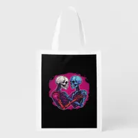 Skeleton Hands Holding Heart Retro Tattoo Style Grocery Bag