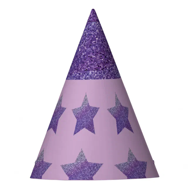 Purple glitter stars and lilac background party hat