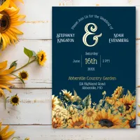 Country Rustic Navy Blue Sunflower Wedding Gold Foil Invitation