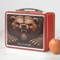 Wild Grizzly Roar in Leather Emboss Metal Lunch Box