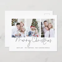 Modern Script Family 3 Photos Merry Christmas  Postcard