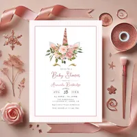 Rose Gold and Blush Floral Unicorn Baby Shower Invitation