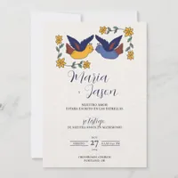 Birds Floral Blue Yellow Charming Spanish Wedding Invitation