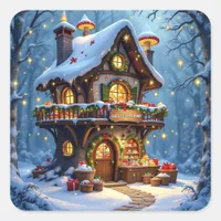 Whimsical Santa's Workshop Christmas Square Sticker