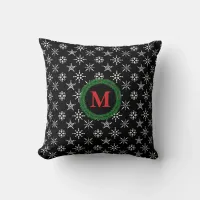 Wreath Monogram White Snowflakes in Black Throw Pillow