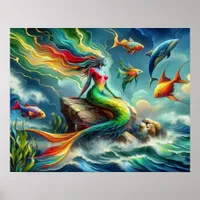 Mermaid Sits on Rock Surrounded by Whimsical 16x20 Poster