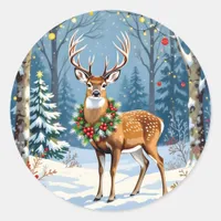 Christmas Deer in Festive Winter Forest  Classic Round Sticker