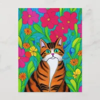 Whimsical Orange Striped Cat with Pink Flowers Postcard