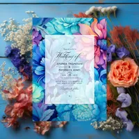 Royal Blue, Turquoise and Coral Floral Wedding Invitation