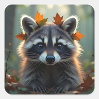 Cute Raccoon in Fall Leaves Square Sticker