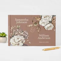 Modern Peony & Hydrangea Mocha Mousse Wedding Guest Book